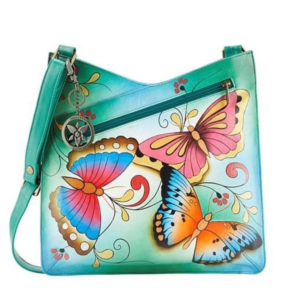 Anuschka Hand Painted Leather V Top Multicompartment Crossbody